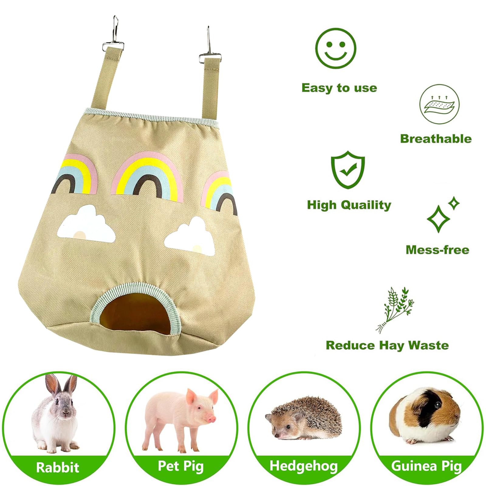 Rabbit Hay Feeder Bag for Guinea Pigs and Chinchillas | Cute Rainbow Design, Washable Oxford Cloth, Single Hole Timothy Hay Holder - image 2