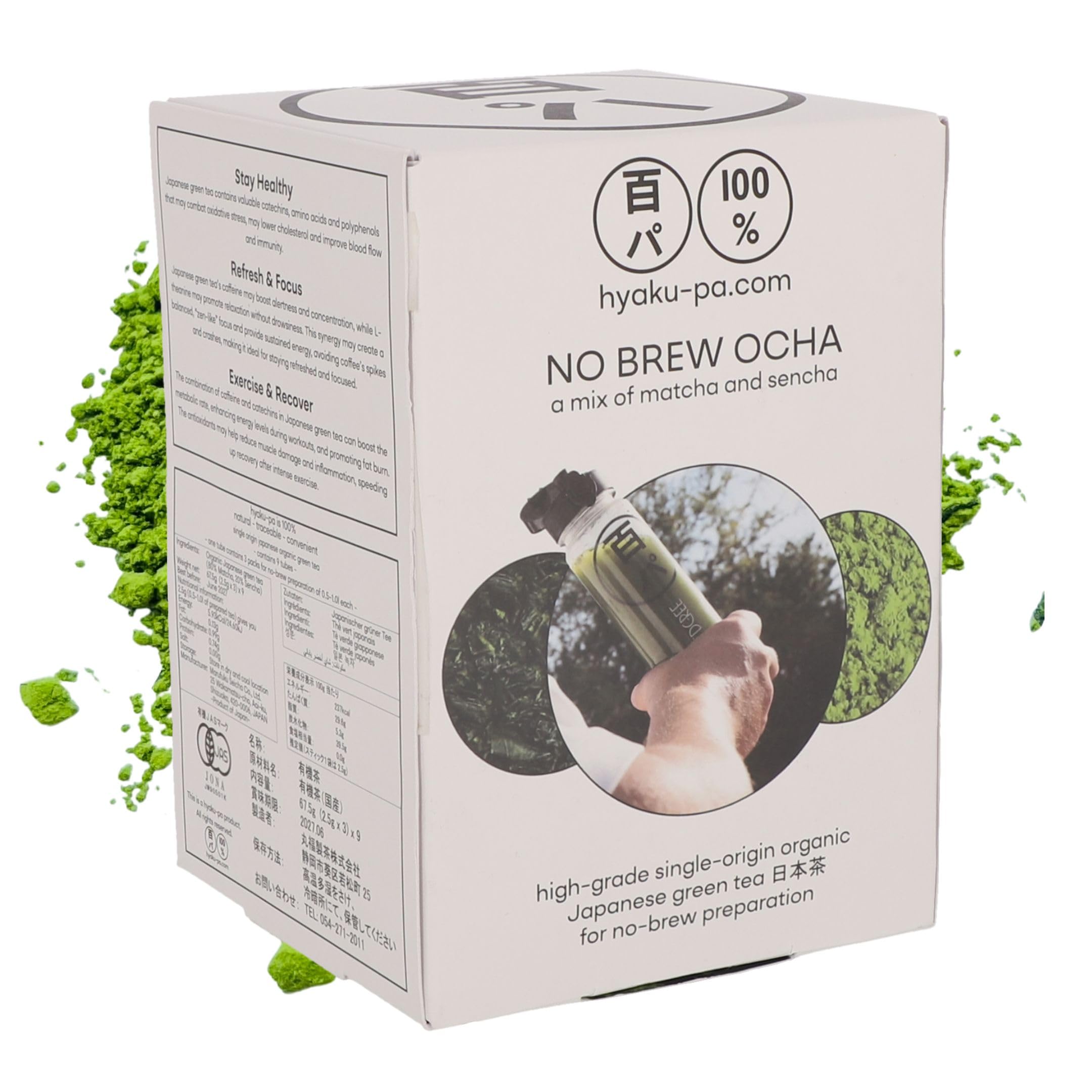 HYAKU-PA No Brew Ocha, Bio Grüner Tee zum Schütteln, japanischer Matcha und Sencha, 27 Packs (67,5 g)