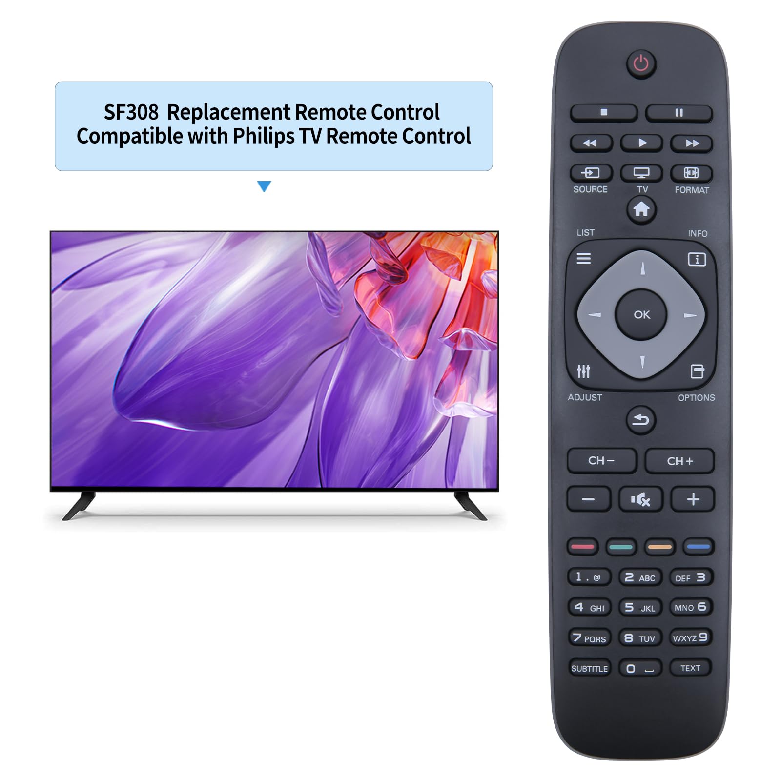 Telecomando di Ricambio Universale Philips per Smart TV, Compatibile con Philips 242254990467 YKF308-001 996590000449