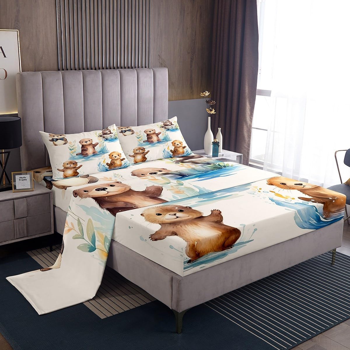 Manfei Lovely Otter Bed Sheet Queen Set,Cute Lake Animal Sheets Sets Adults Bedroom Decor,Watercolor Flowers Nature Bedding Set with Flat,Fitted Sheet,2 Pillow Cases