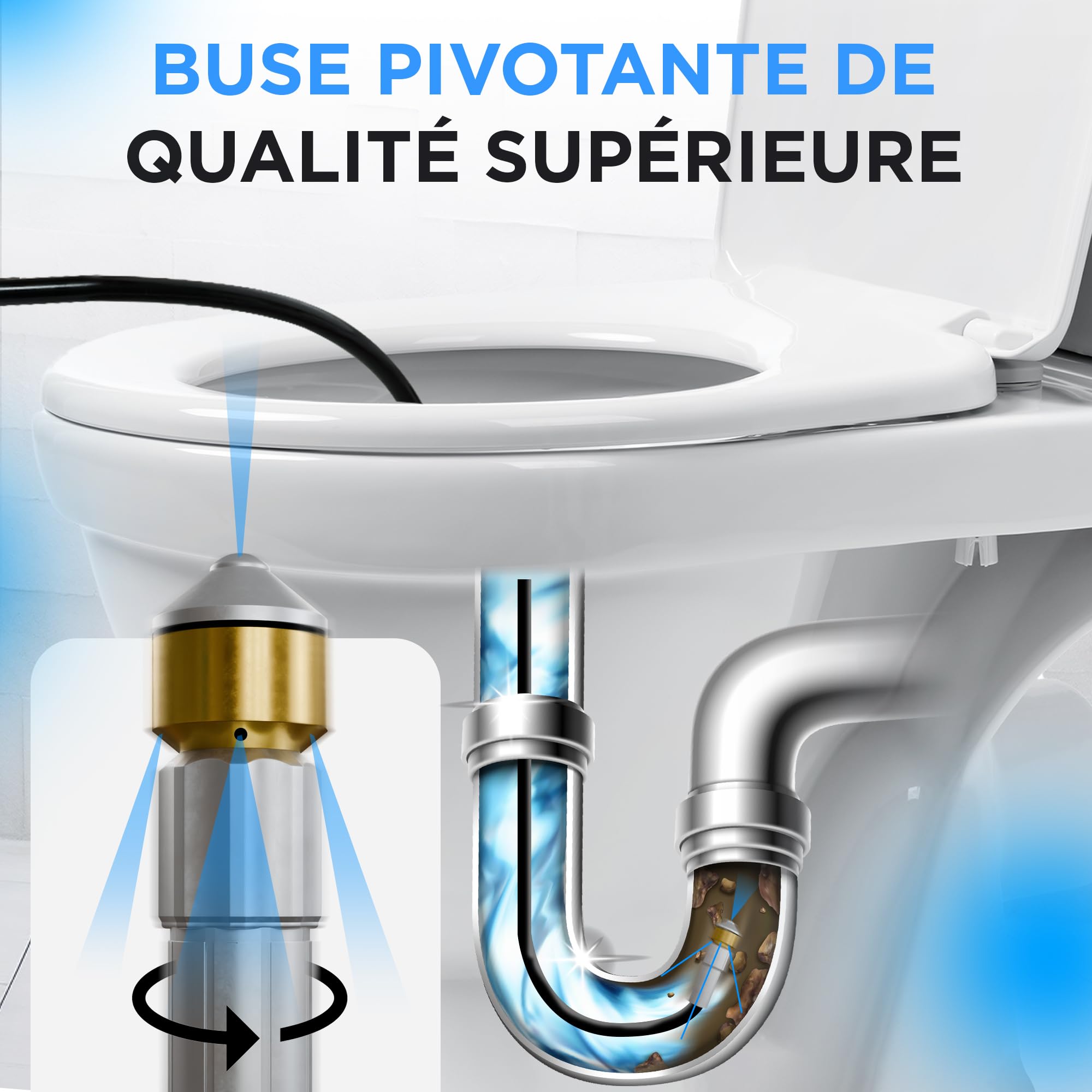 Deboucheur Canalisation Haute Pression 15m | Furet Karcher Compatible avec Karcher K2-K7, Lavor, Bosch, Parkside et d'Autres Marques | Inclut 3 Adaptateurs, 2 Buses, 1 Sac et 1 Ruban Téflon