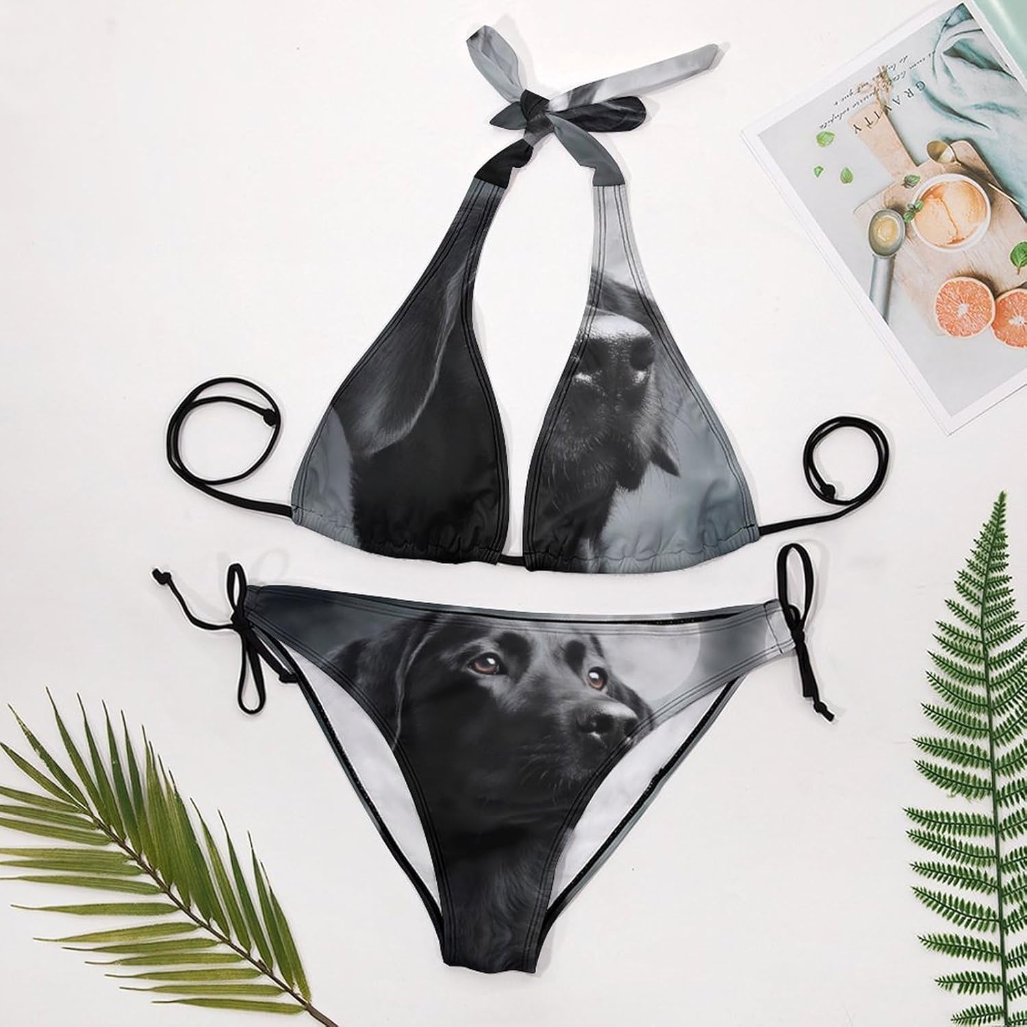 Black Labrador Dog in Moon Novelty Women's 2 Piece String Bikini Set Swimsuits Bathing Suit Swimwear