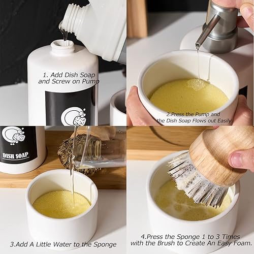 Miniatura 5 de Juego de dispensador de jabón de cocina negro, 4 dispensadores de jabón para platos de cocina con bandeja de bambú y cepillo natural para platos,