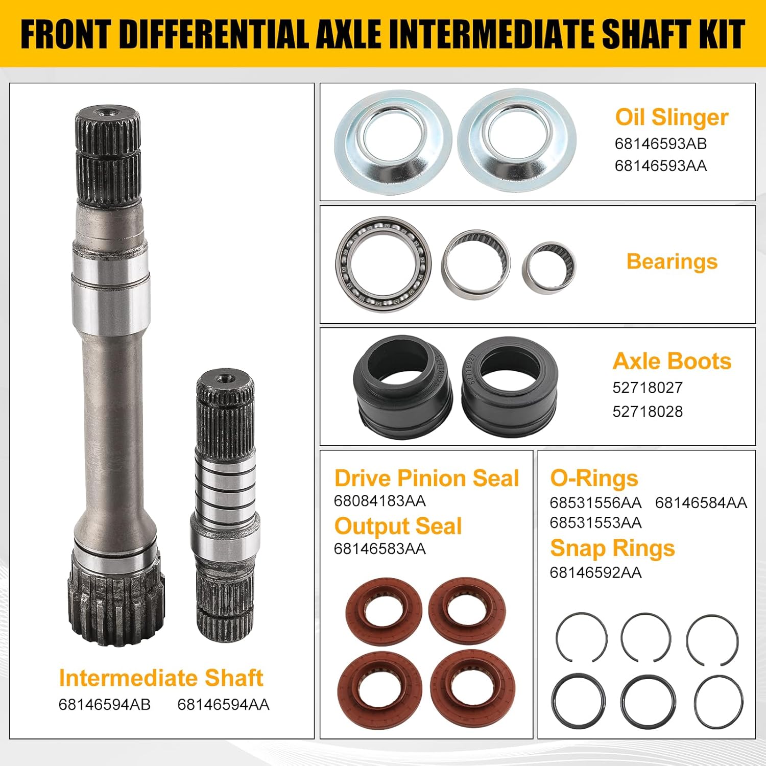 Front Differential Axle Intermediate Shaft Kit Compatible with 2012-2021 Dodge Ram 1500 Inner Axle Shaft Rebuild Kit Replaces 68146594AB 68146594AA 68257420AF 68257421AF 68257422AF 722N695BKA