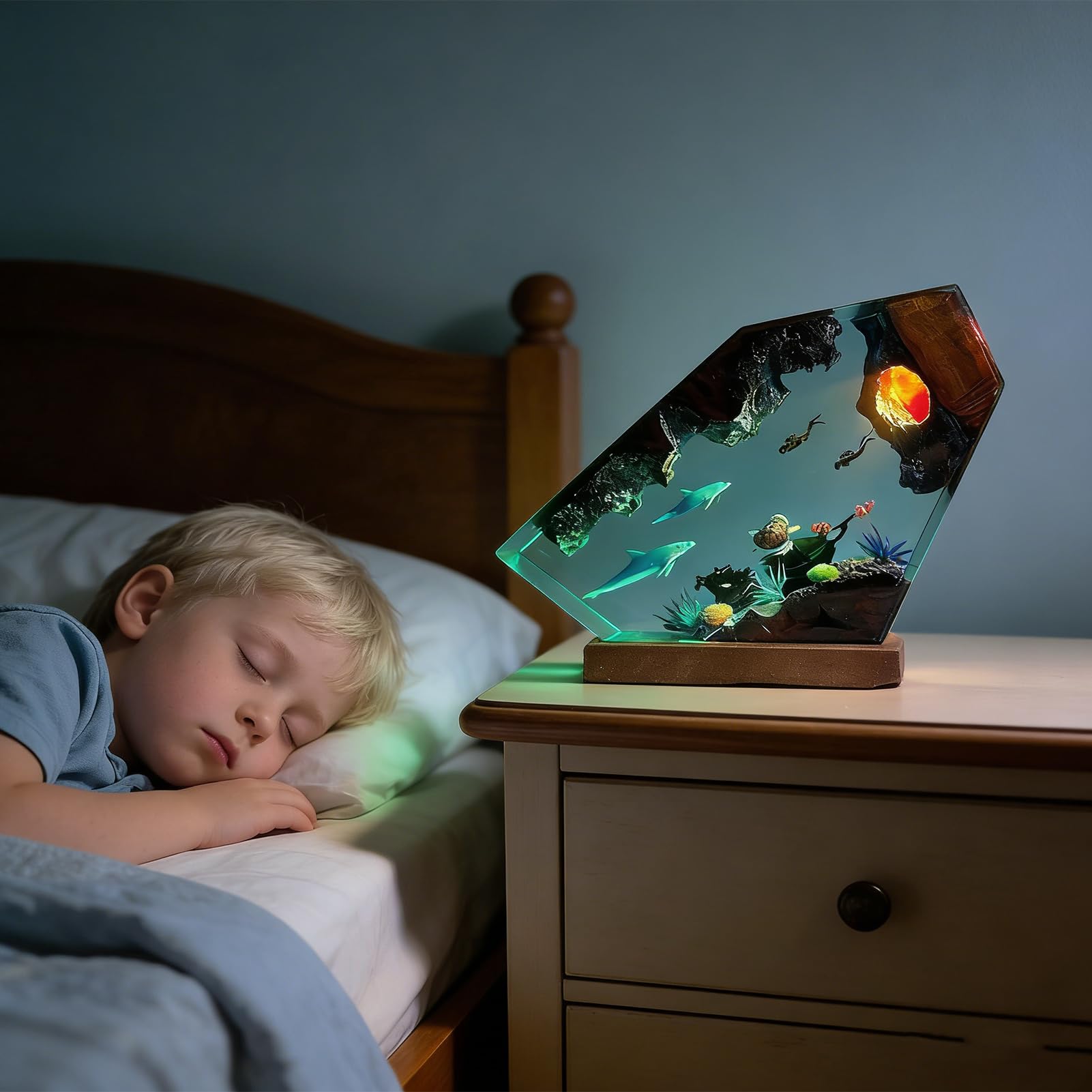 3D Harz Ozean Tier Figuren Nachtlicht,Epoxidharz Ozeanfigur Ornamente mit Holzsockel,Marine Statue Dekoration,LED Ozean Nachtlichter Unterwasser Szene Taucher Hai Wale Schildkröte (Warmes Licht)