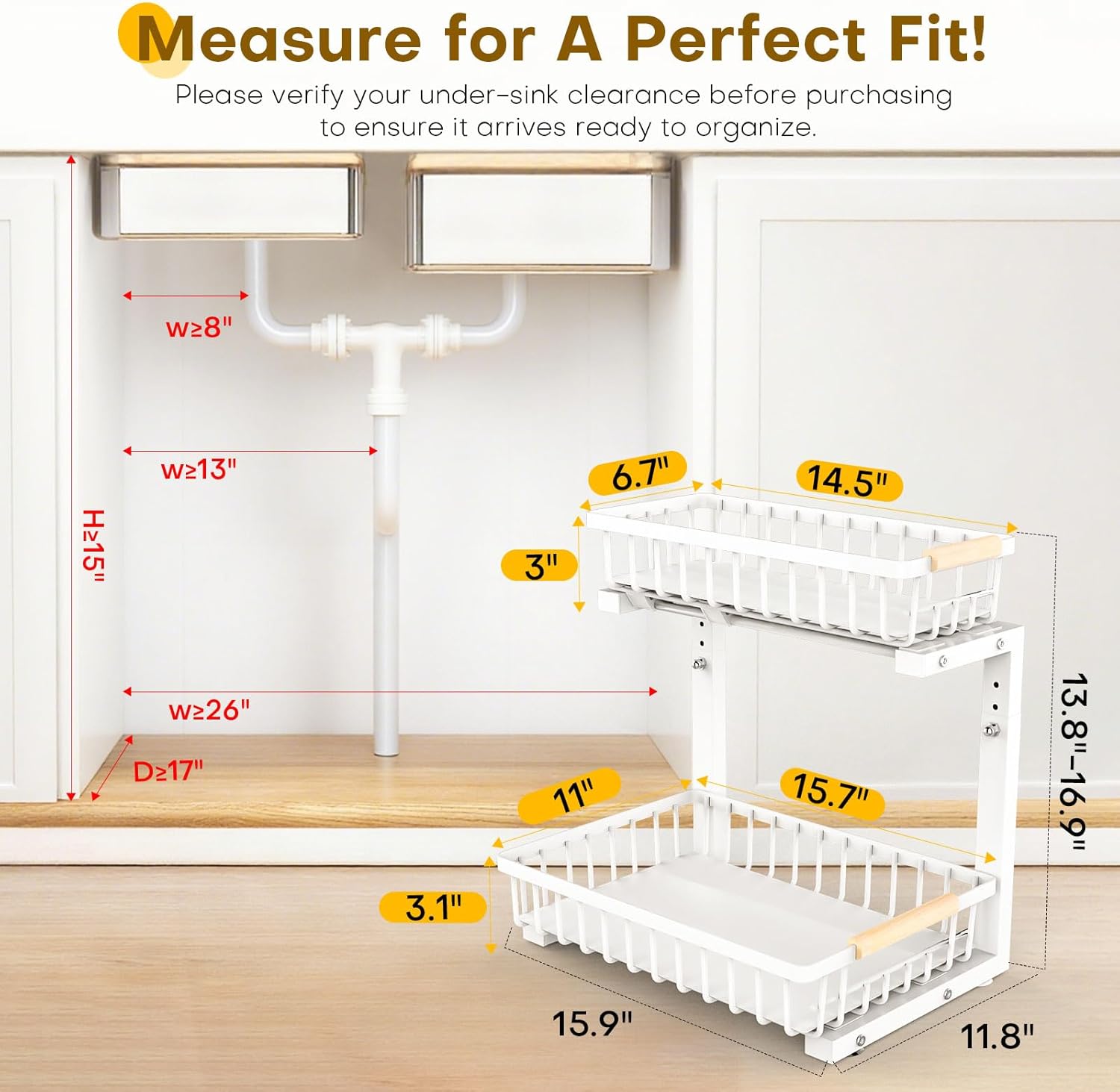 Under Sink Organizer, 2 Tier Pull Out Under-Sink Shelves, Adjustable Height (13.8" -16.9"), Sturdy Metal Storage Organizer for Bathroom Kitchen Pantry Cabinet (2 Packs, White)