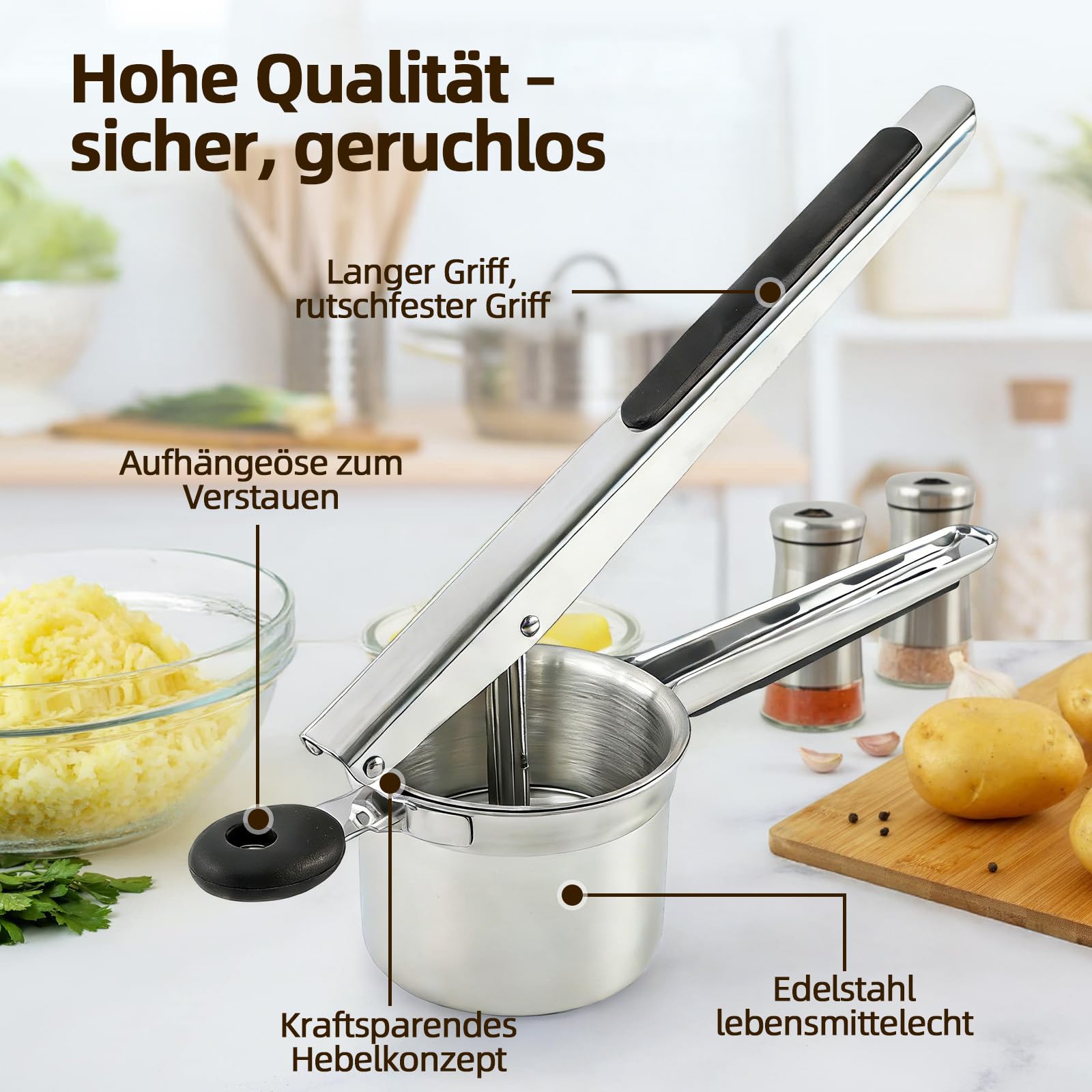 Kartoffelpresse Edelstahl, Spätzlepresse mit 4 Austauschbaren Spätzlesieb in Verschiedene Porengrößen & Silikon Griff, Potato Ricer für Kartoffelpüree, Spaghetti, Obstsäfte, Spätzle, Spülmaschinenfest