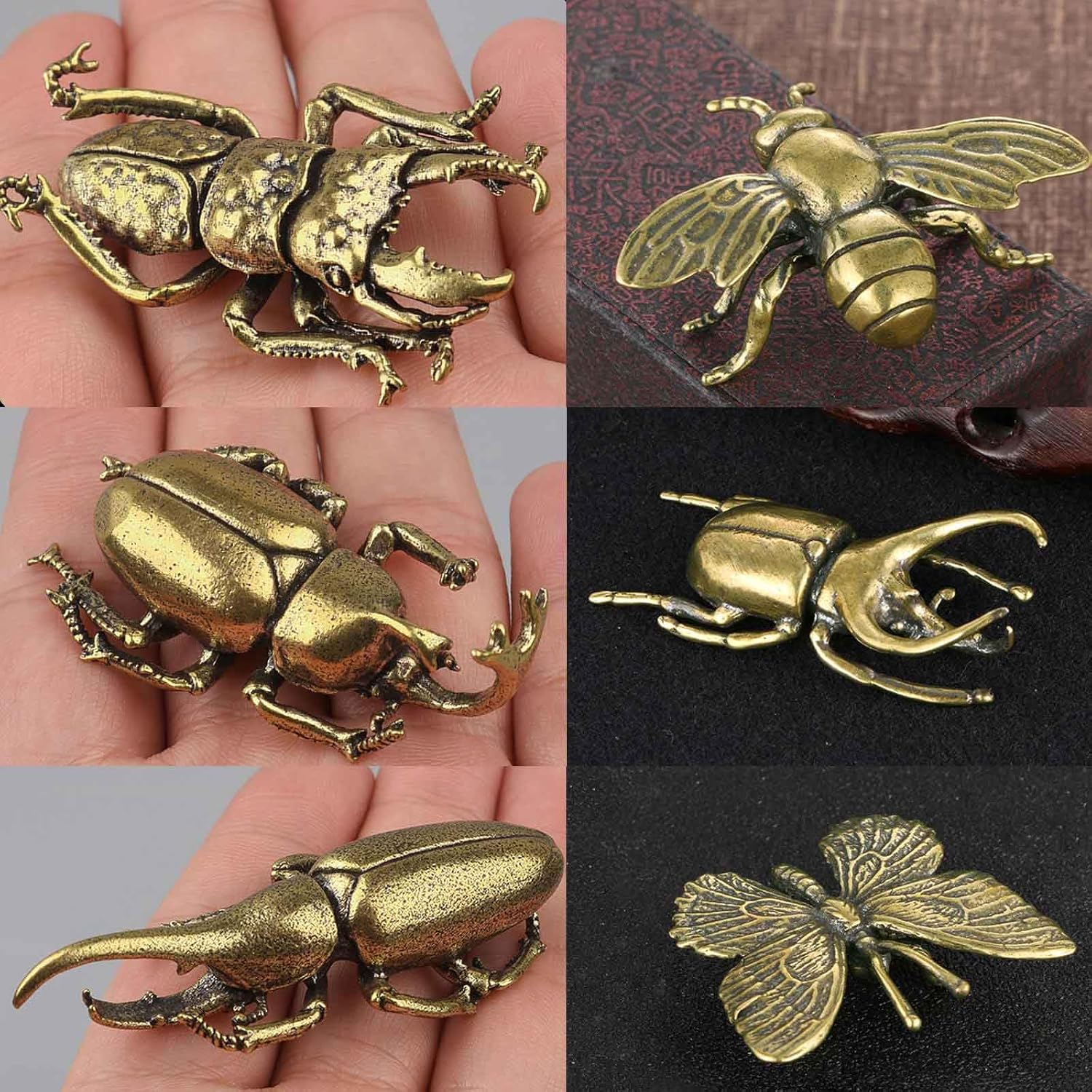 SnowOwl 6PCS Vintage Brass Gold Bee Beetle Decorations Statues Sculpture Solid Metal Animal Insect Ornament Miniature Figurines Long Horn Bug for Home Office Garden Desktop Decor (Bronze-3)