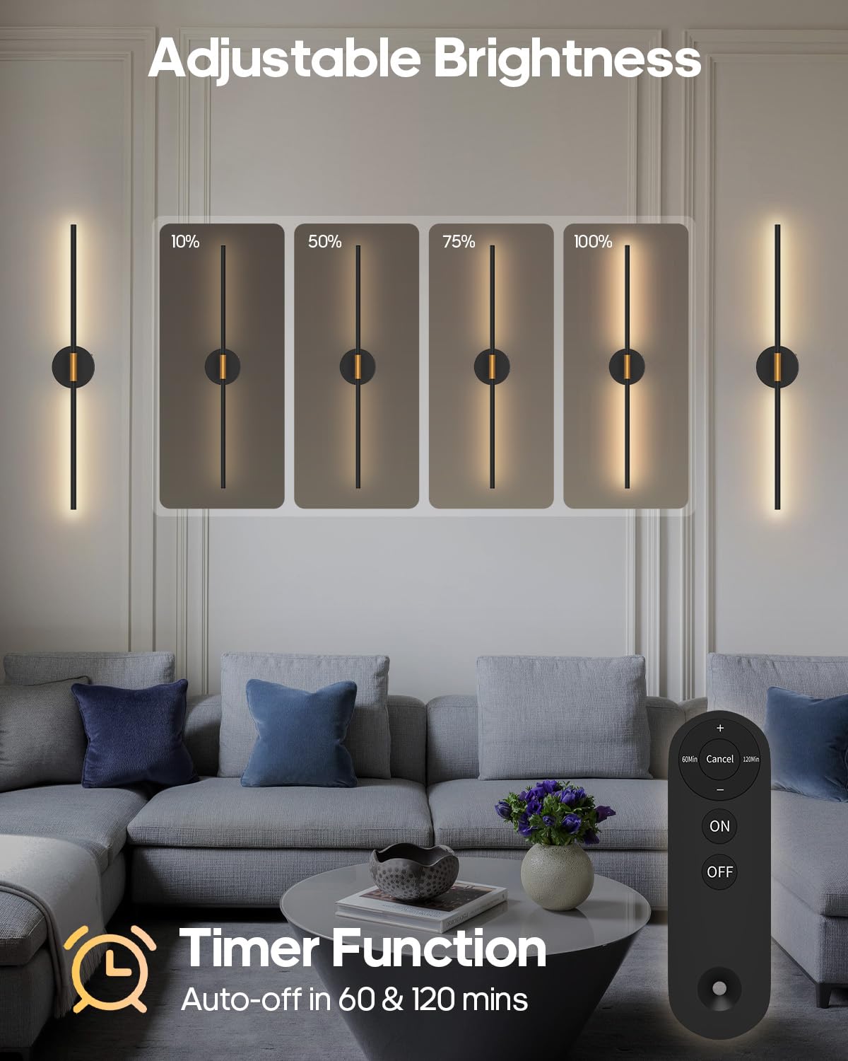 GOODEA Bezprzewodowa lampa ścienna do wnętrz 72 cm - Zestaw 2-6500 mAh-Pilot i timer - Bezprzewodowa lampa ścienna z akumulatorem czarna - do sypialni, salonu, na schody