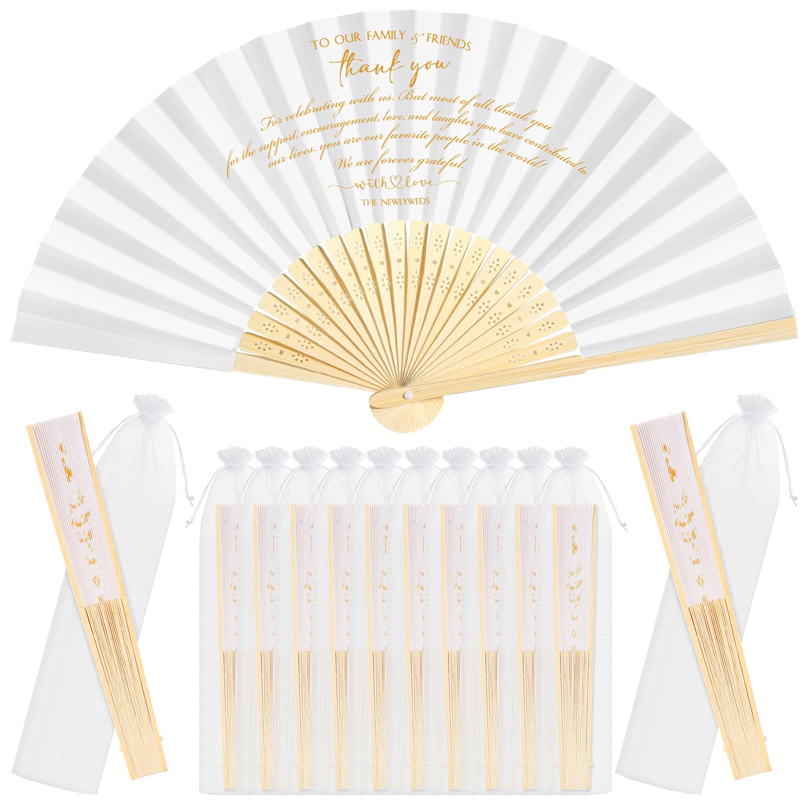Menkxi 30 Pcs Silk Fabric Folding Fans Bulk for Wedding Guests Thank You Bamboo Folded Hand Fan for Bridal Shower Decoration Favor Vintage Handheld Fans Souvenirs with Organza Bag (White,Classic)