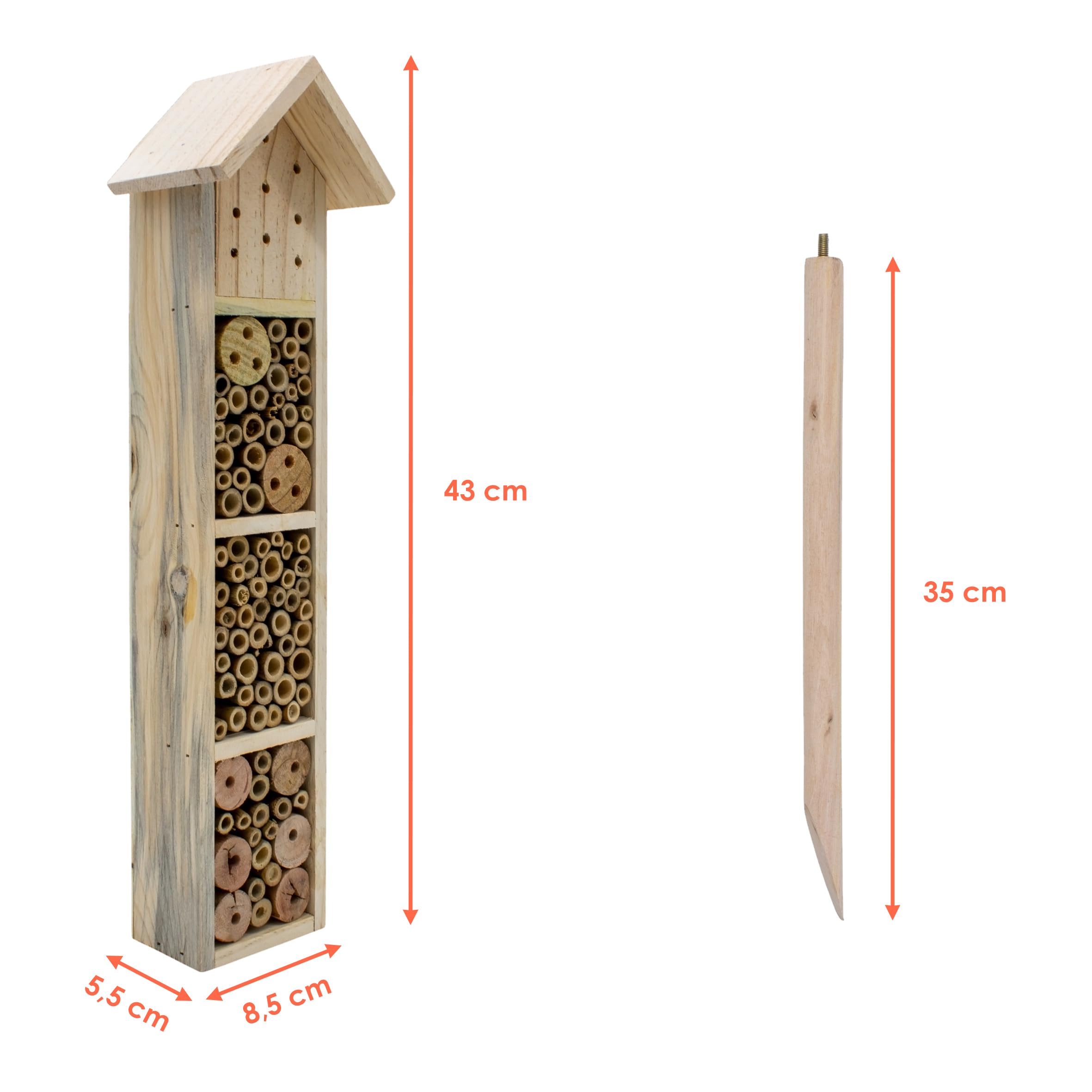 Hotel para insectos de madera con estaca – H 78 cm – Casa de insectos natural para colocar – Bienenhotel Hummelhaus Holzhaus Nisthilfe para abejas, abejas, crisopas, mariposa
