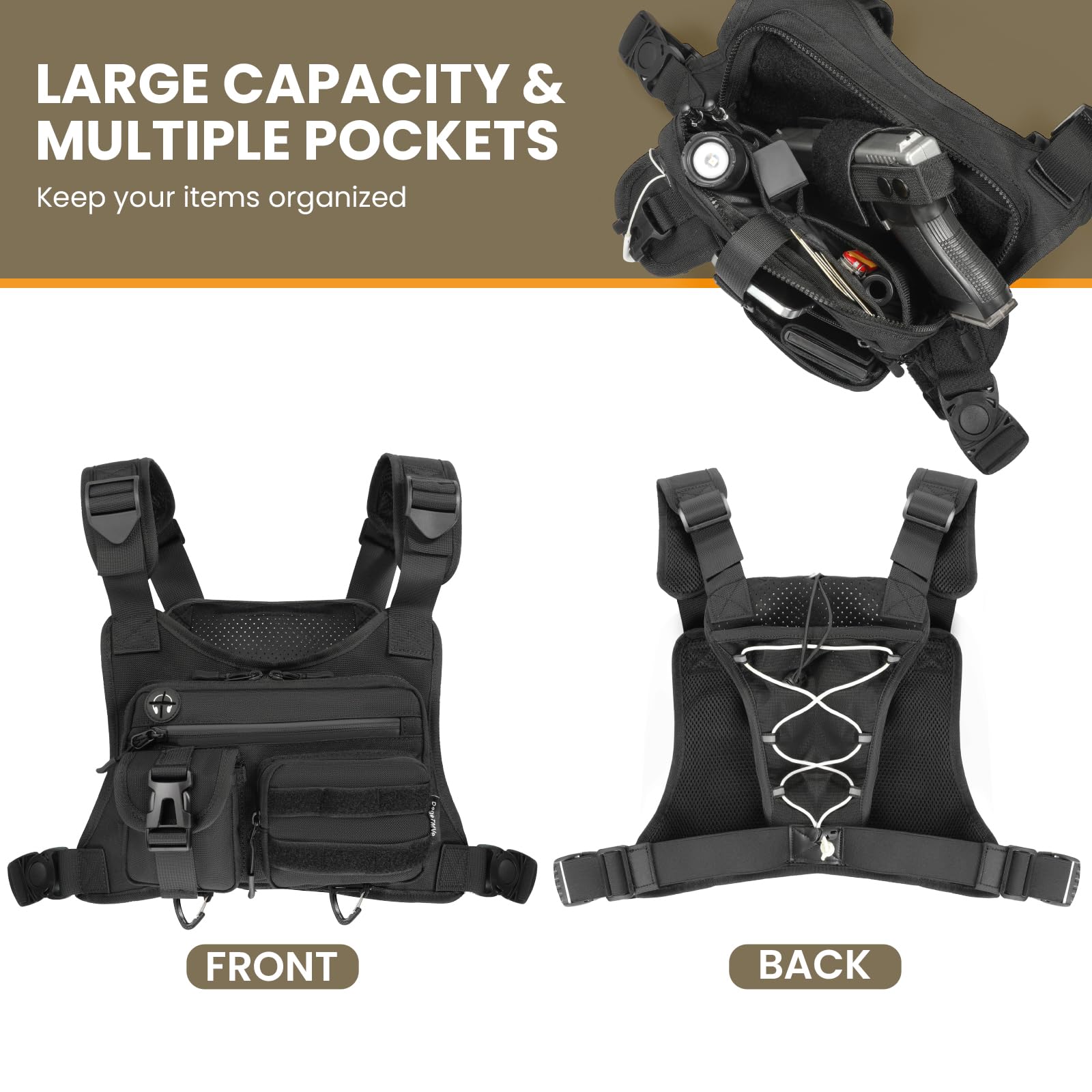 DegeTMVe Tactical Running Chest Bag with Anti-Bounce Design, Water-Repellent & Concealed Pistol Holster – Adjustable 4-Strap, Water Bottle Holder, Reflective Safety for Hiking, Cycling, Workouts