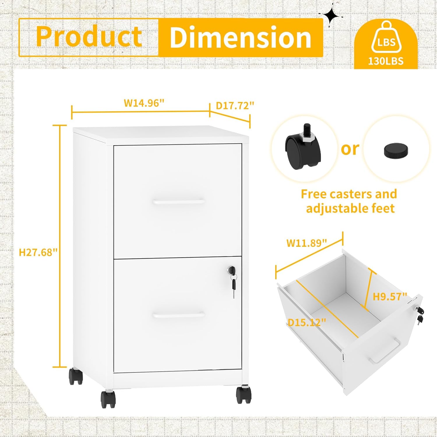 2 Drawer Mobile File Cabinet with Lock, Rolling Metal Filing Cabinet on Wheels, Lockable Under Desk Steel Vertical File Cabinets for Home Office, Letter/Legal/A4/F4, Assembly Required White