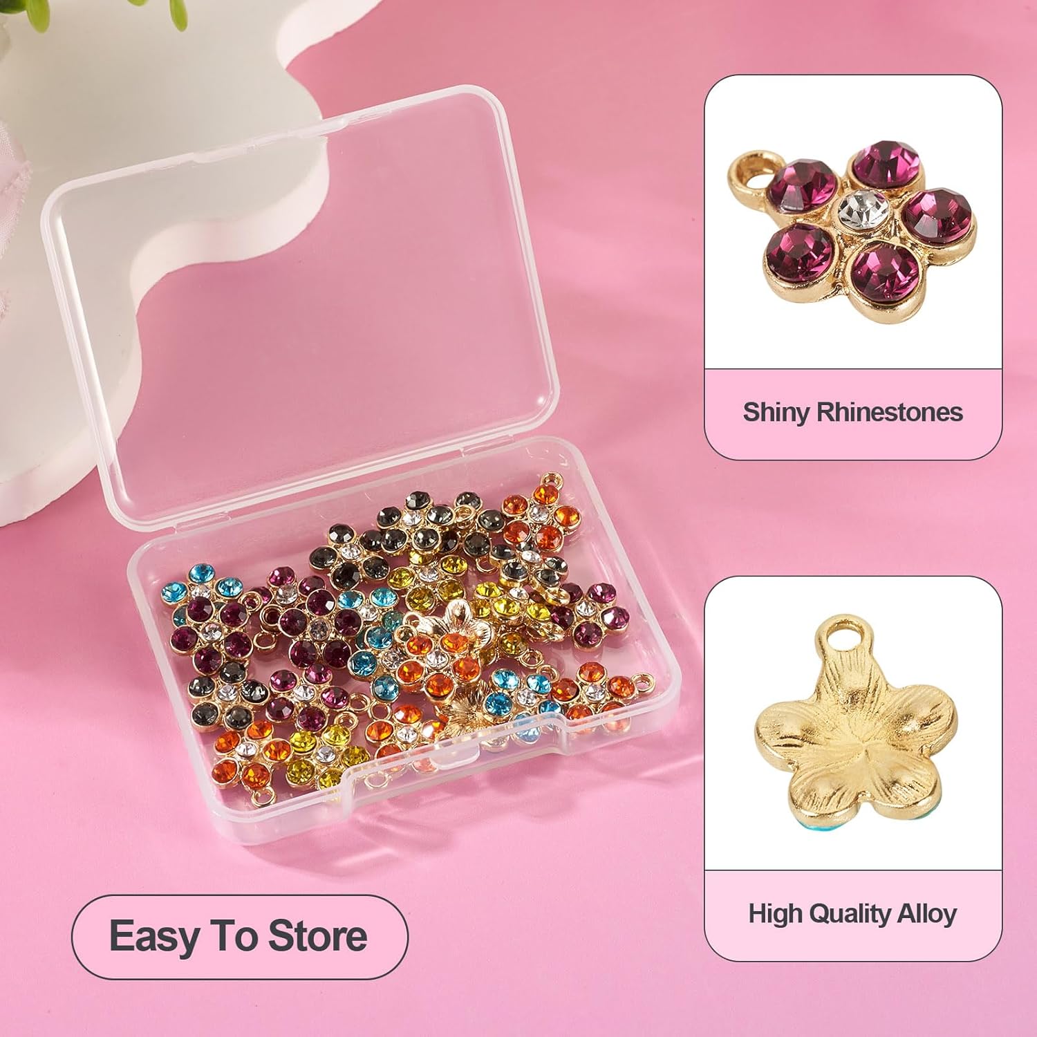Craftdady 25Pcs Rhinestone Flower Pendants Light Gold Cherry Blossom Charms Alloy Tiny Crystal Flower Charms for DIY Bracelets Necklace, Jewelry Findings Making Accessories (5 Colors) - Image 5