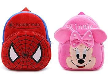 Blue Tree Kids School Bag Soft Plush Backpack Cartoon Bags Combo Mini Travel Bag for for Girls Boys Toddler Baby (Spiderman & Pink Minnie)
