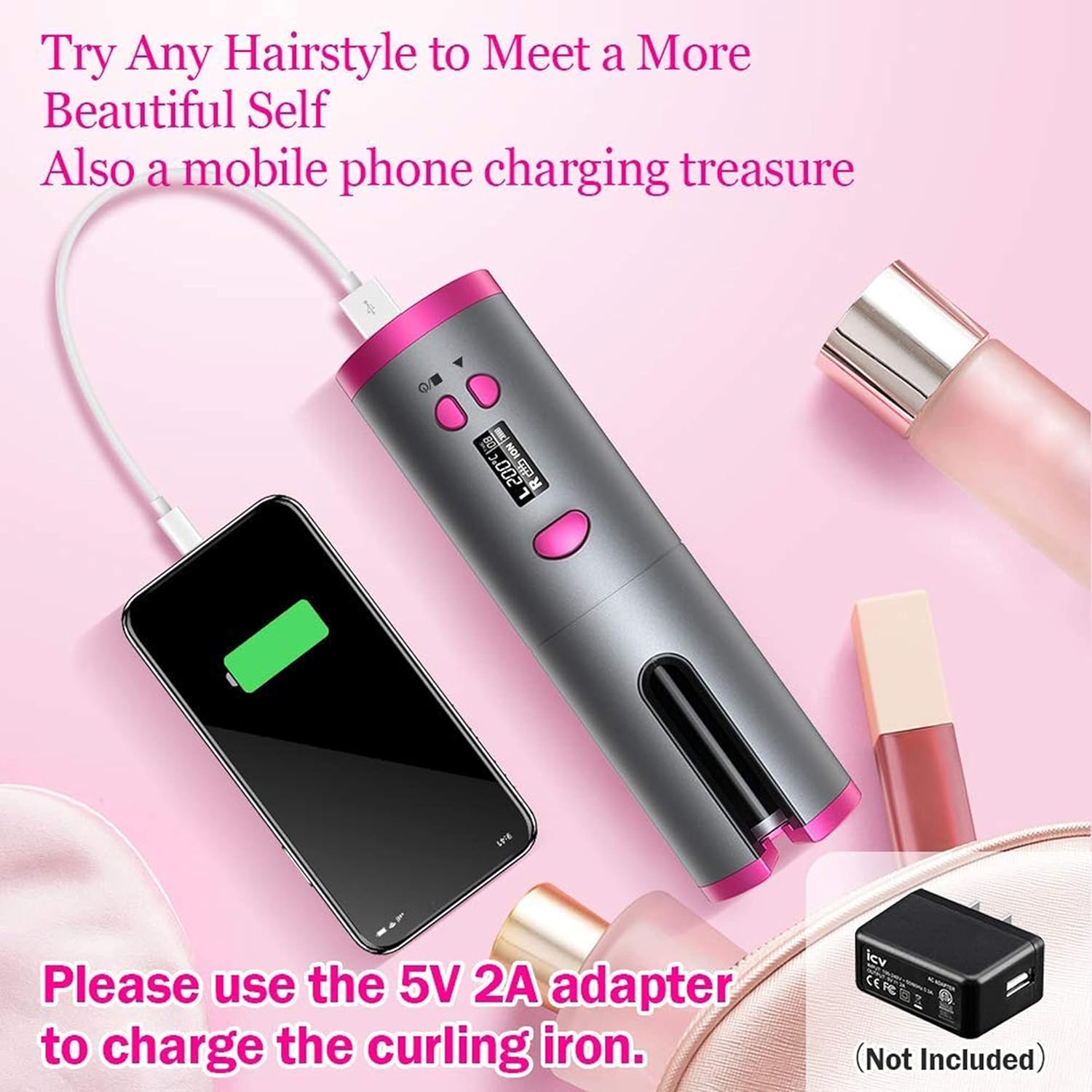 Curling Iron - Hair Straightener -Wireless Automatic Hair Curler Rechargeable Rotating Curling Iron LED Display Temperature Adjustable Hair Rollers Styling Tools - Hair Styler Tool - Hair Tools : Beauty & Personal Care