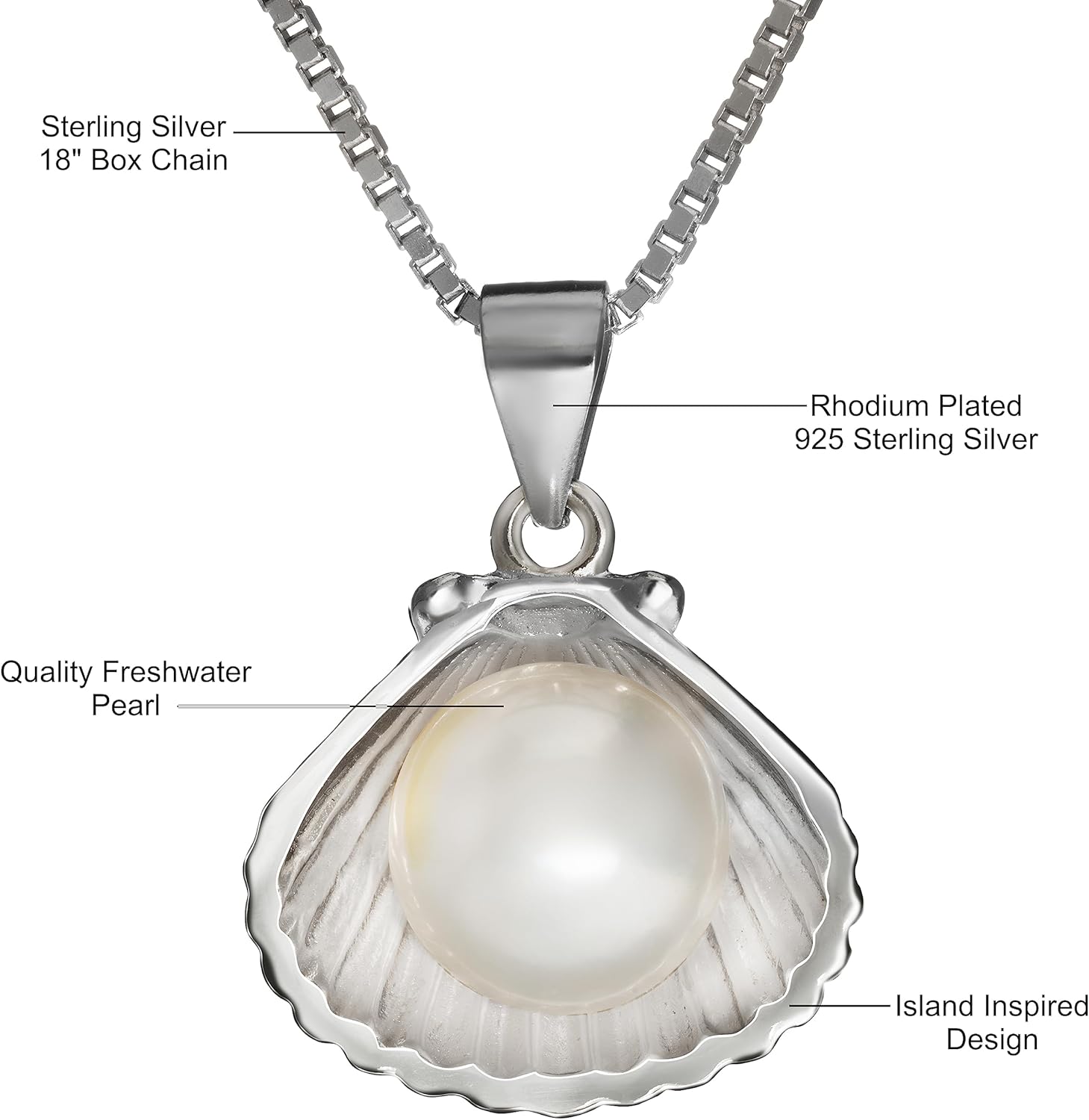 925 Sterling Silver Pearl in Seashell Necklace Pendant with 18" Box Chain, Freshwater Black White Pearl, Nickel Free Hypoallergenic, Hawaiian Island Jewelry for Wife Daughter Women, Gift Box