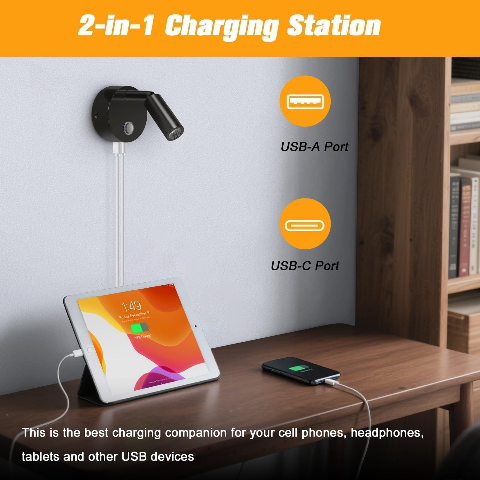 ERWEY Lampe de lecture 12V pour camping-car, applique murale LED avec interrupteur Touch Dimmable 3000K-6000K,DC 12V-24V Spot avec prises USB A+C pour bateau voiture camper van,Noir