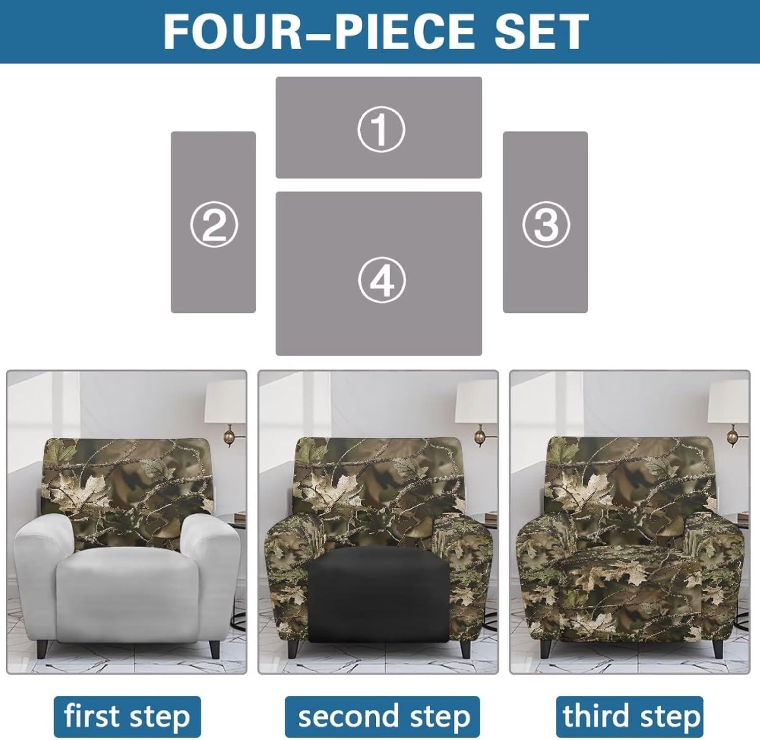 Forest Camo Hunting Print Recliner Covers 4-Pieces Reclining Cover with Pocket Stretch Recliner Chair Covers with Elastic Band Washable Furniture Protector for Pets and Kids