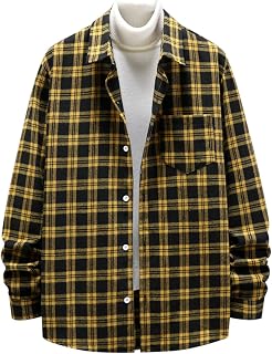 CEWIFO Short Sleeved Shirts for Men White Male Casual Flannel Plaid Print Shirt Turn Down Collar Pocket Long Sleeve Shirt Blouse Button up Shirt Men