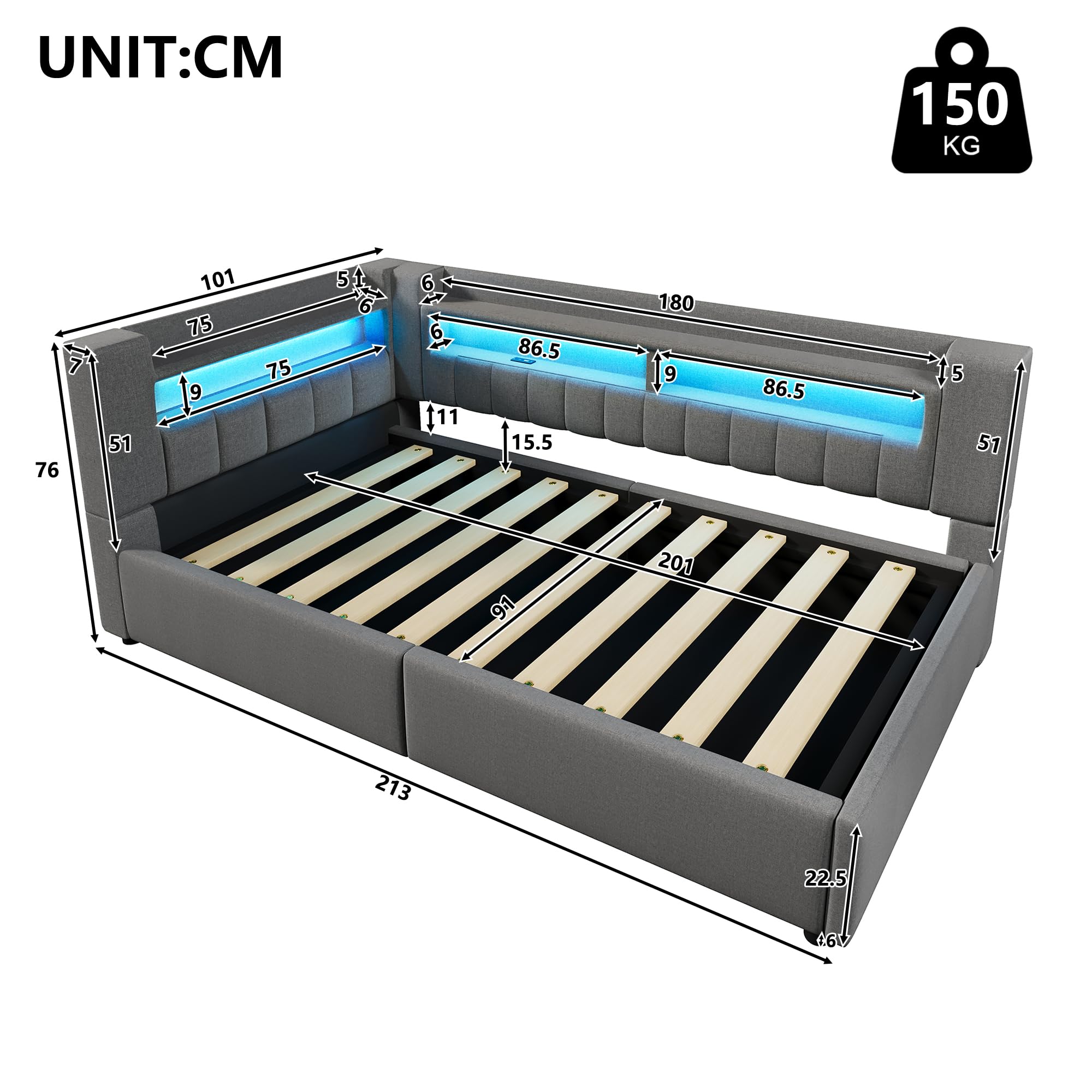 Daybett, 90 x 200 cm,Hydraulische Lagerungt, Mit USB Typ-C Ladefunktion, LED-Beleuchtung, Sofabett, Einzelbett, Ohne Matratze, Leinen, minimalistischer Stil,Grau