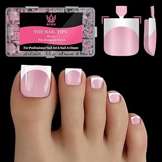 Press On Toenails for Women French Tips, Sharp Square Pre-applied Primer & Base Coat Toe Nail Press Ons Baby Pink Full Cover Fake Tips Extension 15 Sizes 270 Pcs, Builder Nail Gel & Top Coat Required