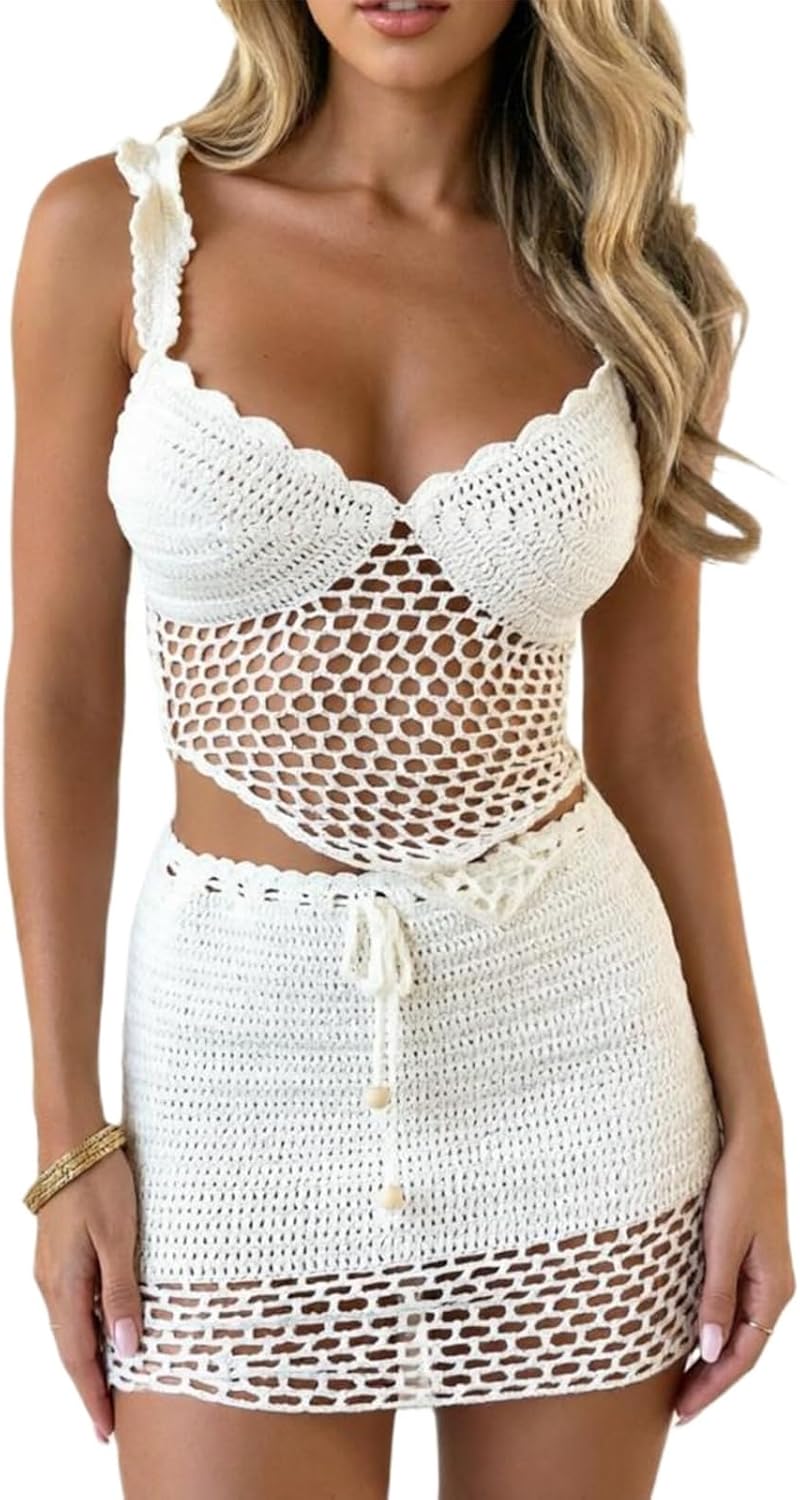 Sunloudy Women 2Pcs Crochet Knit Skirt Set Tube Crop Top + High Waist Bodycon Skirt Cover Up Beachwear