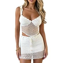 Women 2Pcs Crochet Knit Skirt Set Tube Crop Top + High Waist Bodycon Skirt Cover Up Beachwear