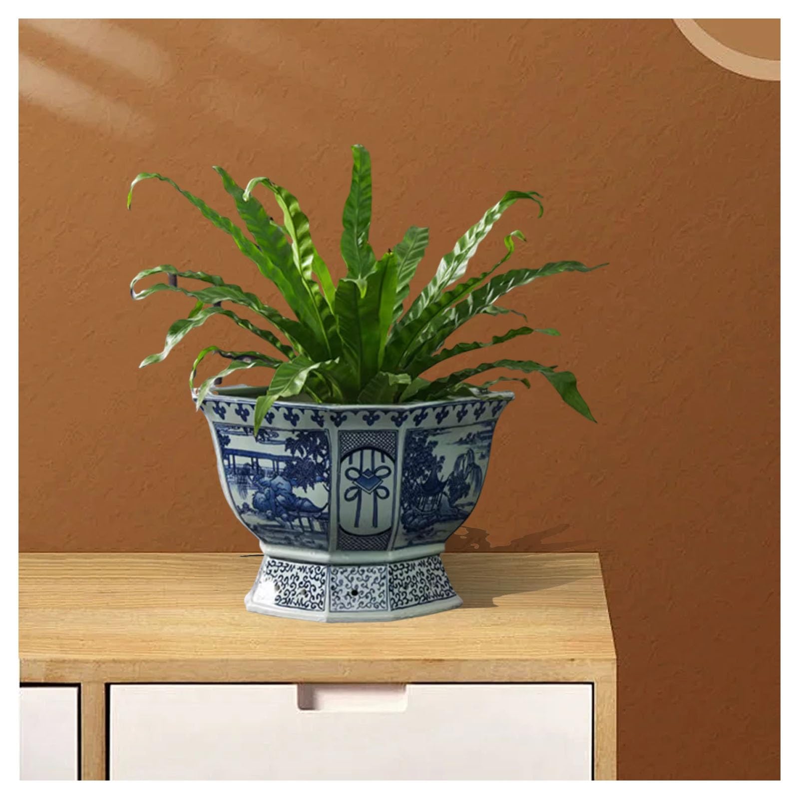 Chiński styl niebiesko-biała ceramiczna doniczka na kwiaty z otworami drenażowymi, dekoracyjna donica bonsai do dekoracji domu, biura, kawiarni i ogrodu