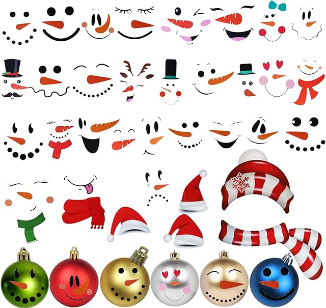 Uooker 9 Sheets Snowman Face Christmas Stickers, 190Pcs PVC Snowman Faces Decals Stickers for Crafts, Santa Stickers Window Decorations Sticker for Kids Wall Door Refrigerator Party Home Decoration