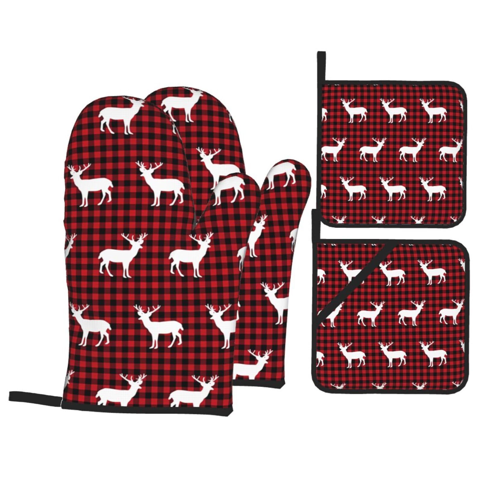 HJFCZH Buffalo Plaid Deer Prints Kitchen Throw Set: Durable Oven Layers with Waterproof Polyester – 4 Piece Heat Protection System