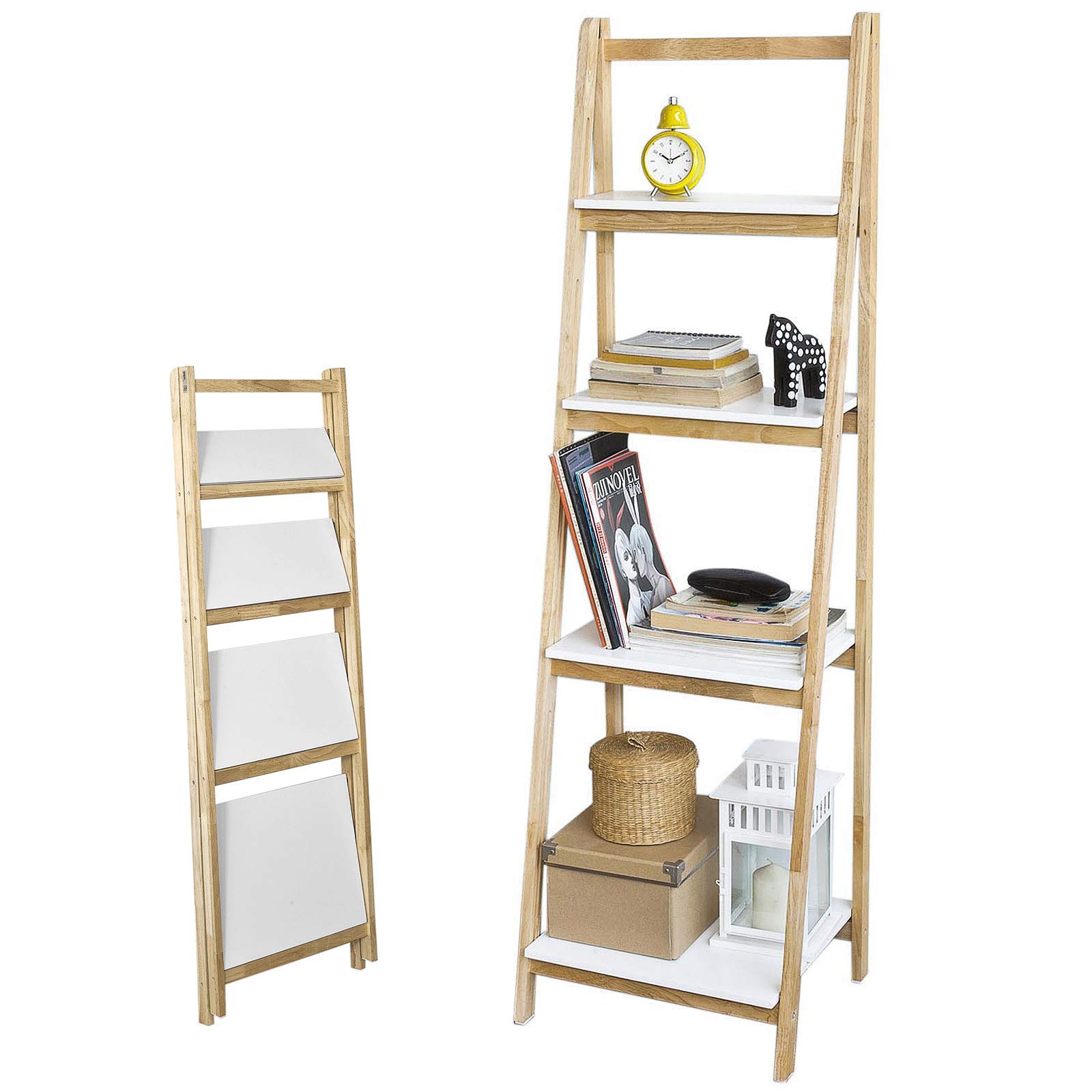 SoBuy Étagère Pliable, Étagère Échelle, Meuble de Rangement, Étagère à Livres, Bibliothèque à 4 Niveaux de Rangement pour Salon, Bureau, Chambre, Cuisine, L42xP34xH136cm, Blanc+Naturel, FRG162-N