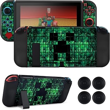 DLseego My World MC Protective Case for Switch New Model, Dockable Soft Shell Cute Cover Case for Joycon Controller with 4PCS Thumb Grips Caps - Green Switch