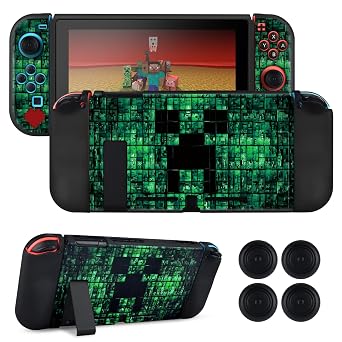 DLseego My World MC Protective Case for Switch New Model, Dockable Soft Shell Cute Cover Case for Joycon Controller with 4PCS Thumb Grips Caps - Green Switch