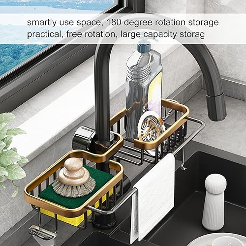 Miniatura 6 de Estante de almacenamiento para grifo, organizador de fregadero de cocina, organizador de plástico de aluminio, dos recipientes con barra de toalla