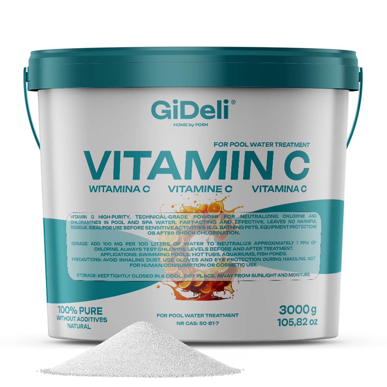 GiDeli Vitamin C Pulver für Pool 3 kg - Chlor Neutralisieren in unter 60 Sekunden - Reine Ascorbinsäure als Poolreiniger & Wasseraufbereiter für Poolwasser, Whirlpool & Aquarium