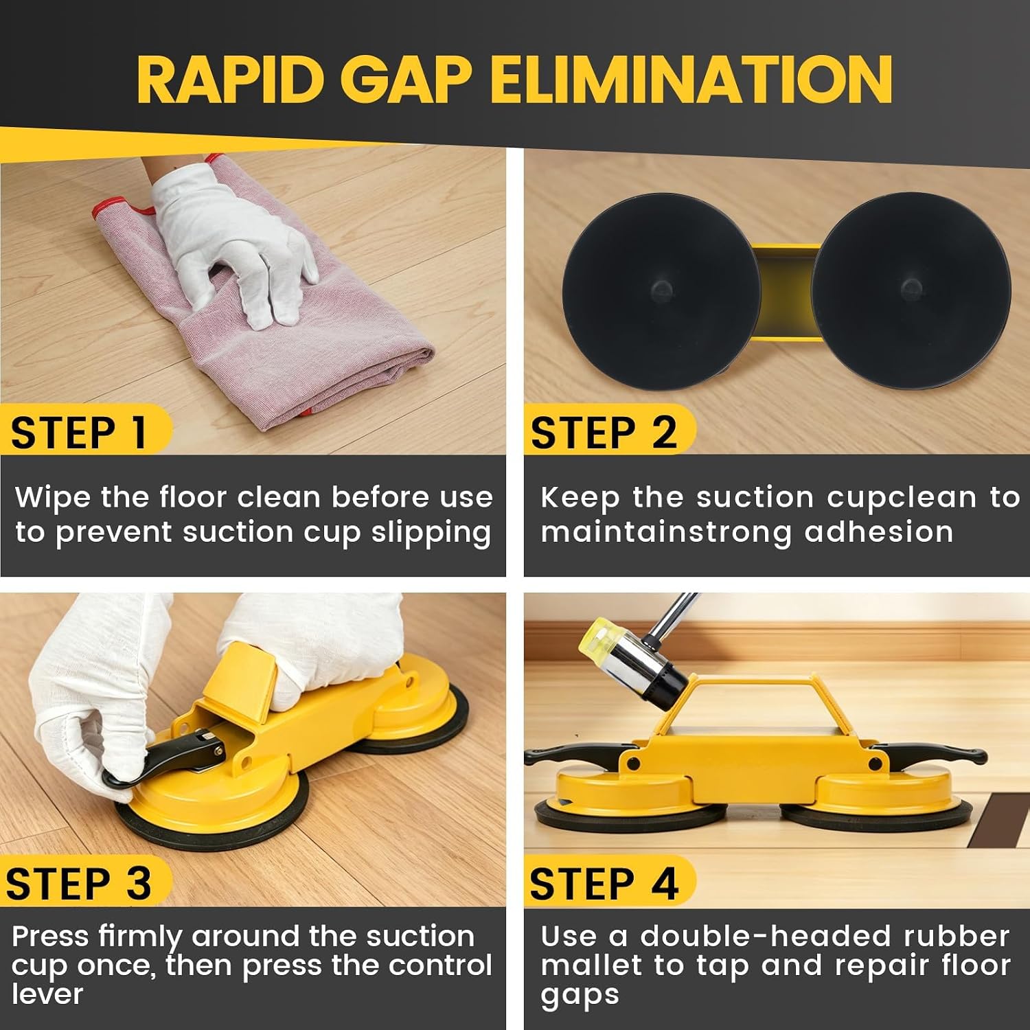 Floor Gap Fixer Tool Kit with Heavy Duty Rubber Mallet, Floor Dual Suction Cup Tool Upgrade 45° Striking Surface for Laminate, Hardwood, and Vinyl Floor​ (Yellow)