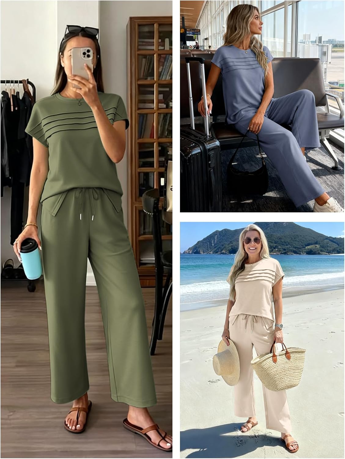 ATHMILE Two Piece Sets for Women Cap Sleeve Lounge Matching Casual Outfits Wide Leg Pants Summer Vacation Travel Outfits - Image 2