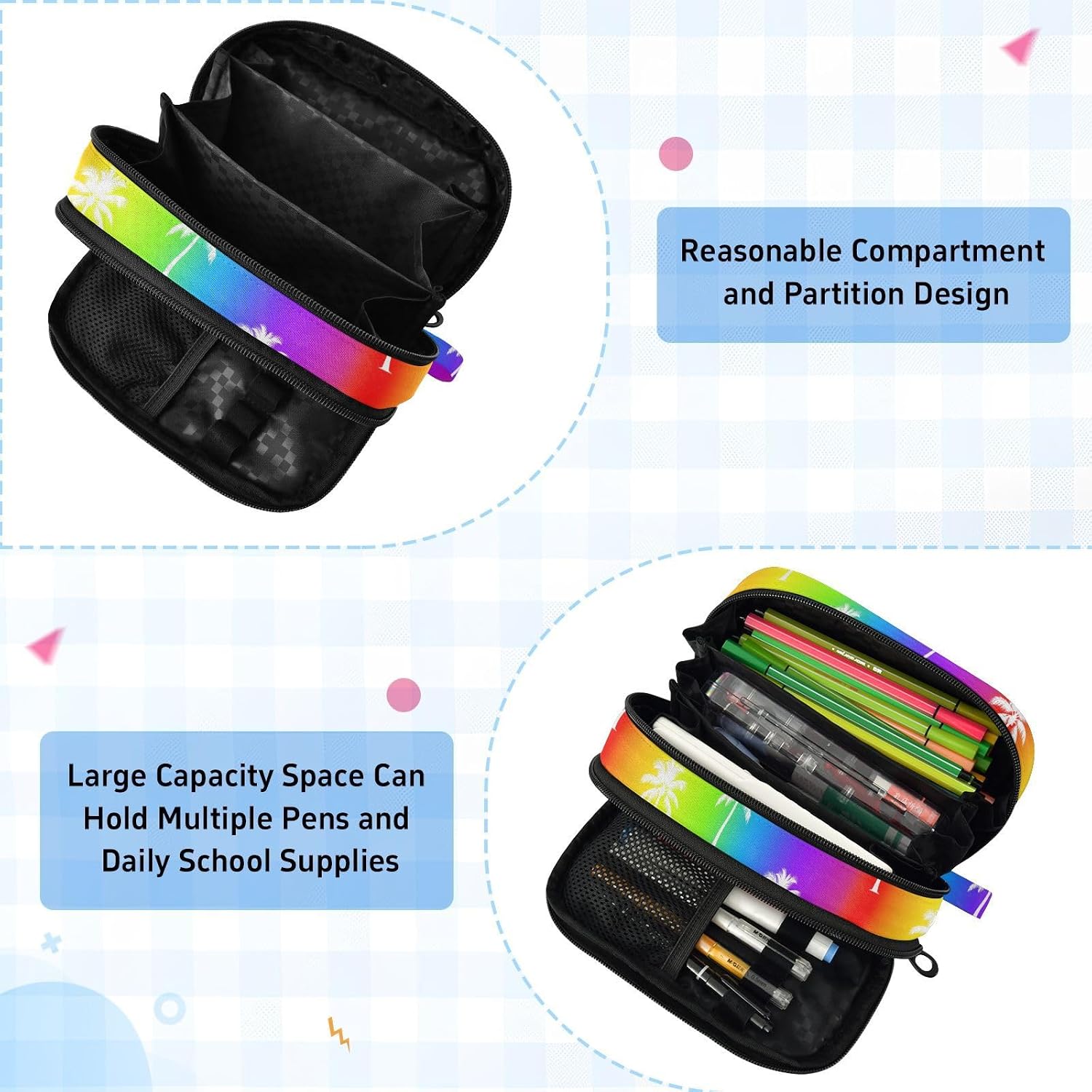 ALAZA Rainbow Coconut Tree Pattern Large Capacity Pencil Case, Aesthetic Stationery Organizer Bag with Clear PVC Window, High Capacity Pen Pouch with Dividers for School Office Travel image 5