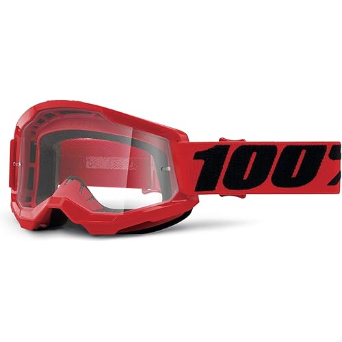 100% Strata 2 Motocross & Mountain Bike Goggles - MX and MTB Racing Protective Eyewear (Red - Clear Lens)