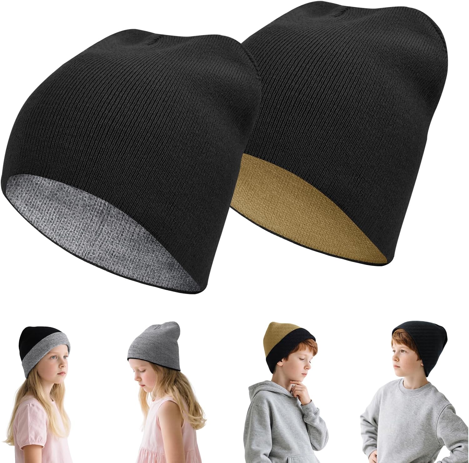 Rosoz Kids Knit Beanie Boys Girls Beanies- Kids Winter Reversible Beanie Hats with Double Sides for 7-12 Years
