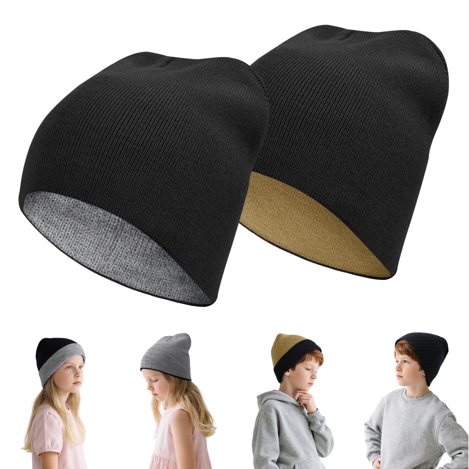 Kids Reversible Skull Beanie for Boy Girl, Kids Winter Warm Beanie