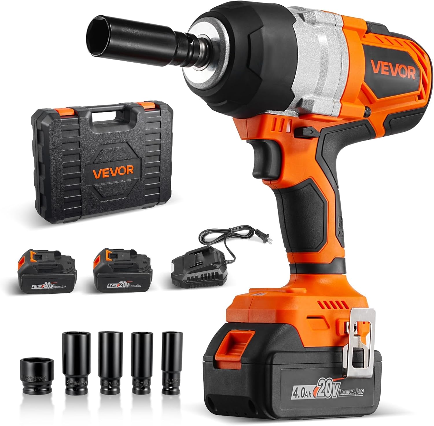 VEVOR Cordless Impact Wrench, 958.8 ft-lbs / 1300 N·m High Torque, 1/2 inch, 20V Electric Impact Wrench with Brushless Motor, 2 x 4Ah Batteries, Charger, 5 Sockets and Belt Clip, for Car Tire Truck