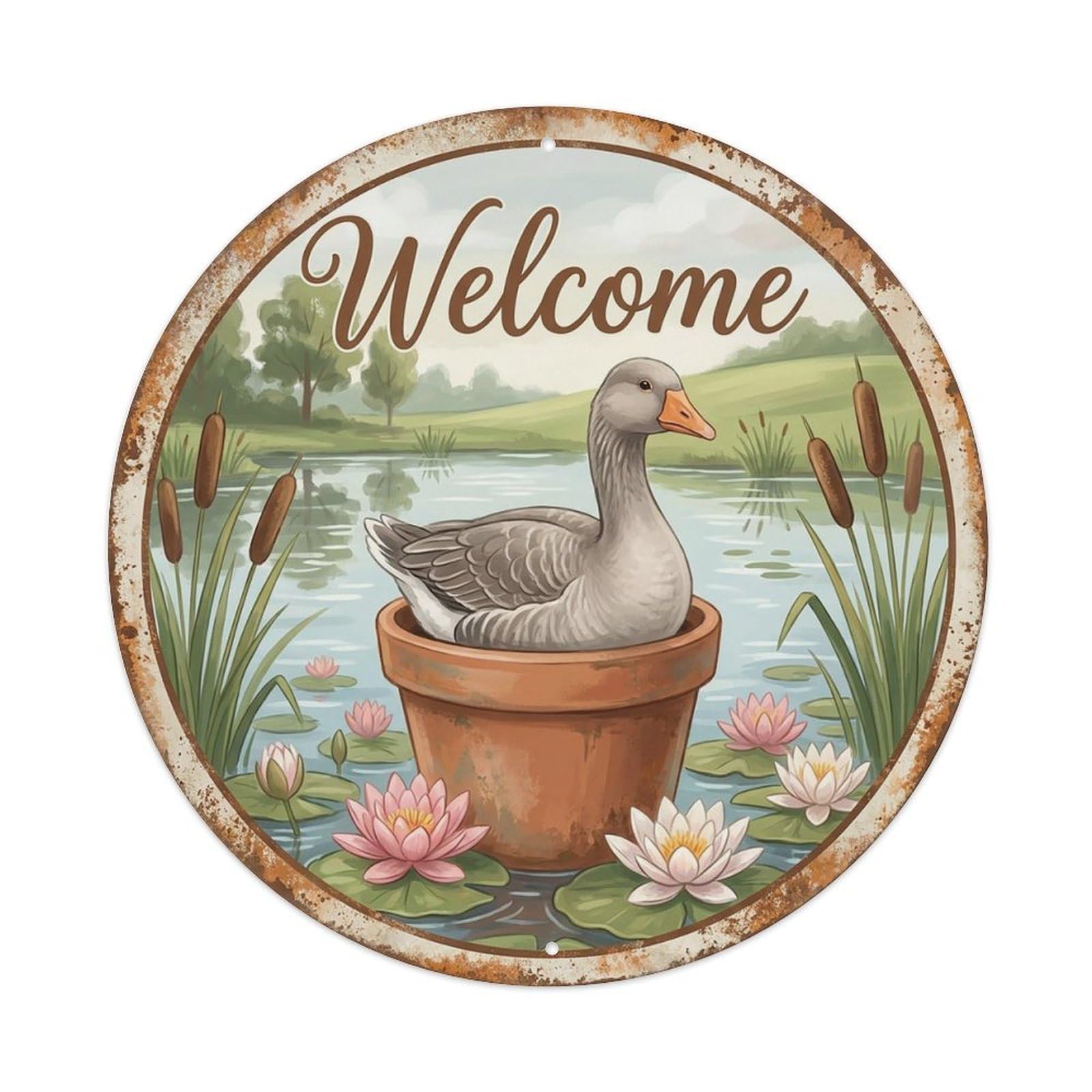 Vintage Welcome Goose Pond Lilies Vintage Metal Tin Sign Plaque Wall Decor for Cafe, Club Bar, Office, Garden Metal Poster 8x8Inch