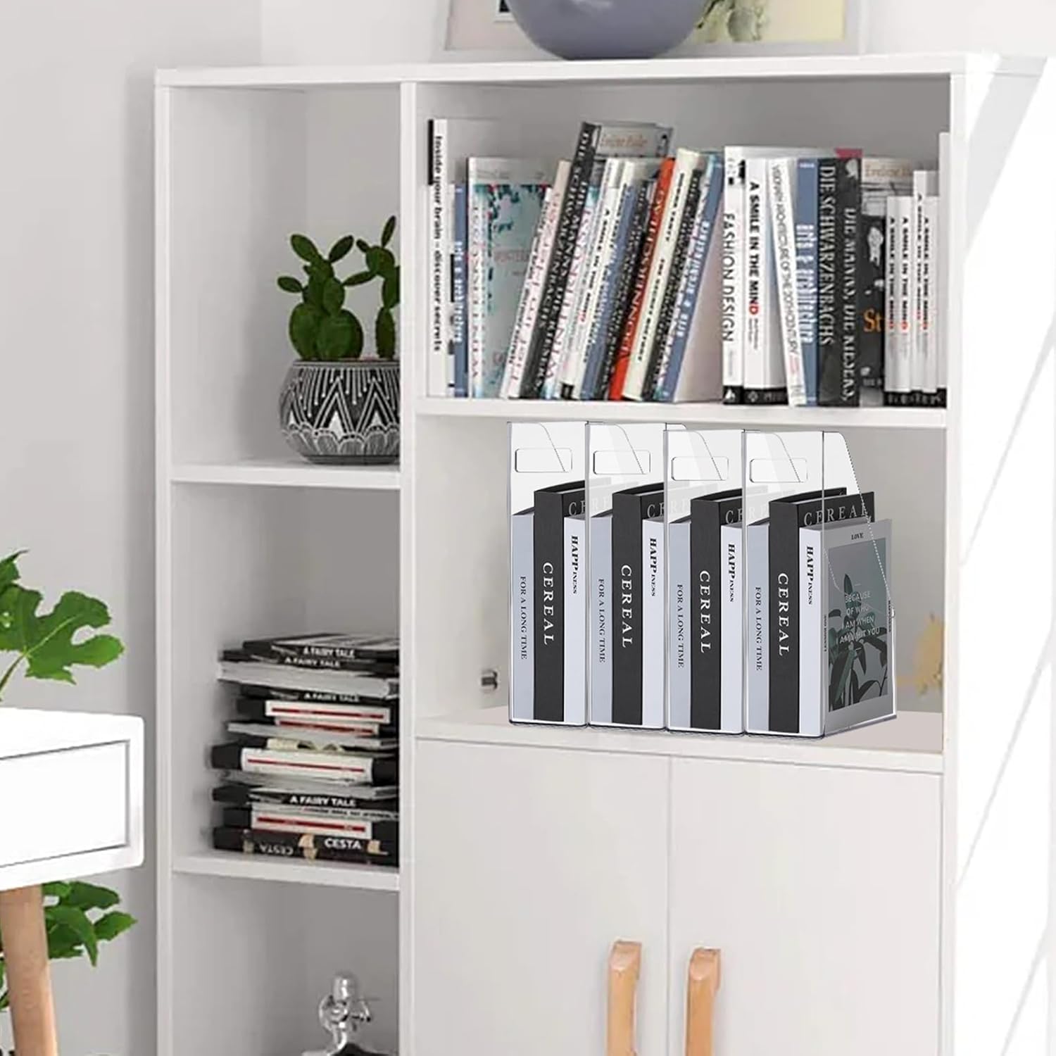 2 Pack Acrylic Magazine File Holder, Clear A4 Vertical File Organizer with Handle, Desk Organizer Magazine Document Rack, Slim Vertical Folder Bin for Home Office School Supplies