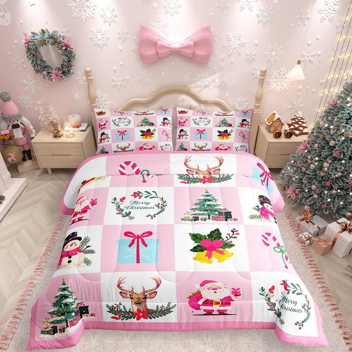 Erosebridal Merry Christmas Comforter Set for Kids Christmas Tree Quilt King Size with 2 Pillow Cases Santa Claus Xmas Decor Bedding Set Kawaii
