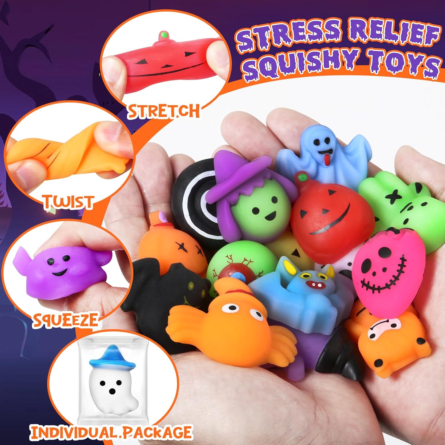 100 PCS Halloween Squishy Toys for Kids Party Favor Halloween Trick or Treat Toys Bulk,Soft Squishy Toys for Kids Boys Girls Gifts Classroom Rewards,Goodie Bags Fillers