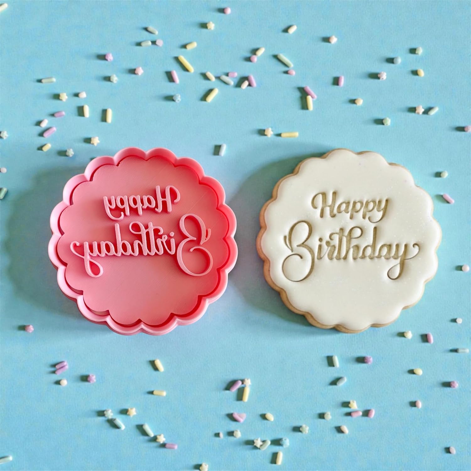 3D "Happy Birthday" Cookie Cutter and Stamp, 3D Circular Mold for Fondant, Dough, and Crafts, Pink, 8 cm