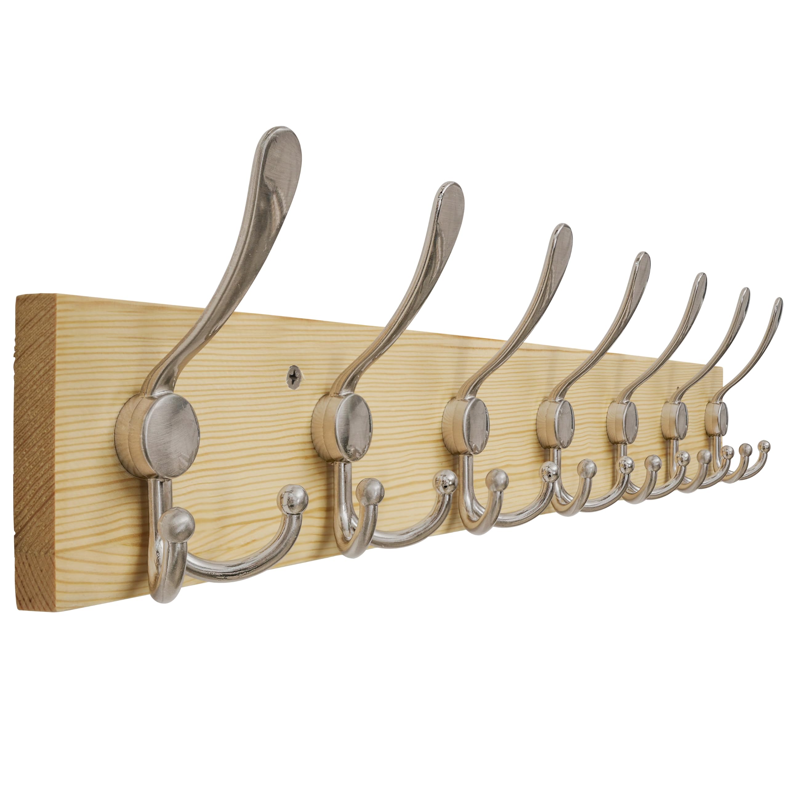 HONSKY Wall Mounted Coat Rack, Pine Wood Spliced Panel, 7 Nickel Triple Hooks(21 Hanging Points), Sturdy Wall Coat Hanger, Wooden Coat Hooks for Entryway Hallway Bedroom,Easy Install