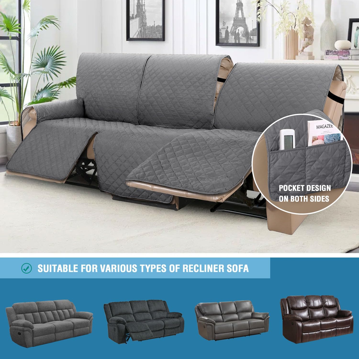 H.VERSAILTEX 100% Waterproof Recliner Cover 1-Piece Recliner Sofa Cover for 3 Cushion Couch Furniture Protector Cover with Non Slip Backing and Strap for Kids, Dogs, Pets(3 Seater, Rocket Gray)